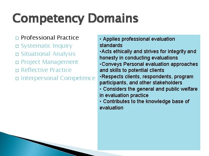 Competency Domains � � � Professional Practice Systematic Inquiry Situational Analysis Project Management Reflective