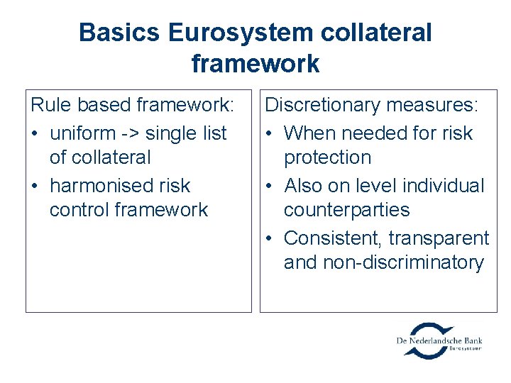 Basics Eurosystem collateral framework Rule based framework: • uniform -> single list of collateral