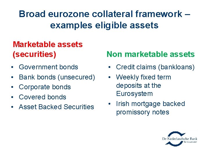 Broad eurozone collateral framework – examples eligible assets Marketable assets (securities) • • •
