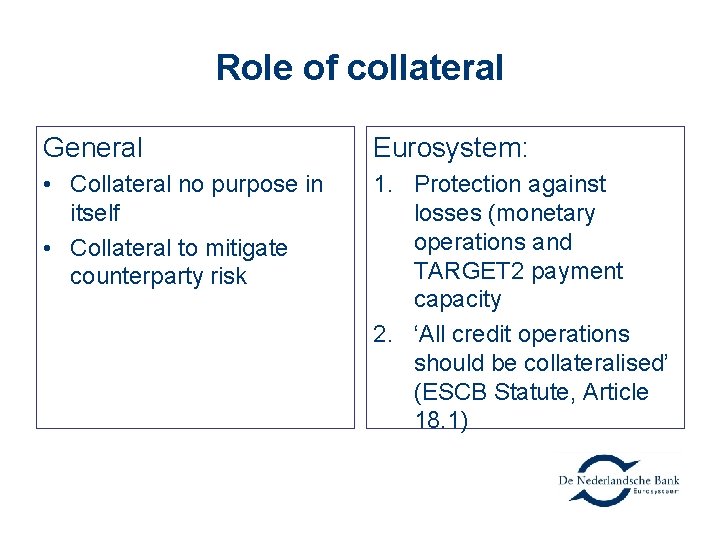 Role of collateral General Eurosystem: • Collateral no purpose in itself • Collateral to