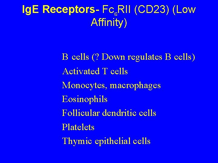 Ig. E Receptors- Fc RII (CD 23) (Low Affinity) B cells (? Down regulates