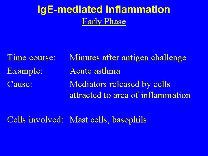 Ig. E-mediated Inflammation Early Phase Time course: Example: Cause: Minutes after antigen challenge Acute