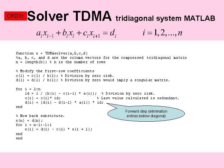 CFD 7 r Solver TDMA tridiagonal system MATLAB function x = TDMAsolver(a, b, c,