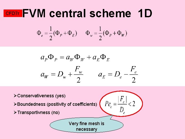 CFD 7 r FVM central scheme 1 D ØConservativeness (yes) ØBoundedness (positivity of coefficients)