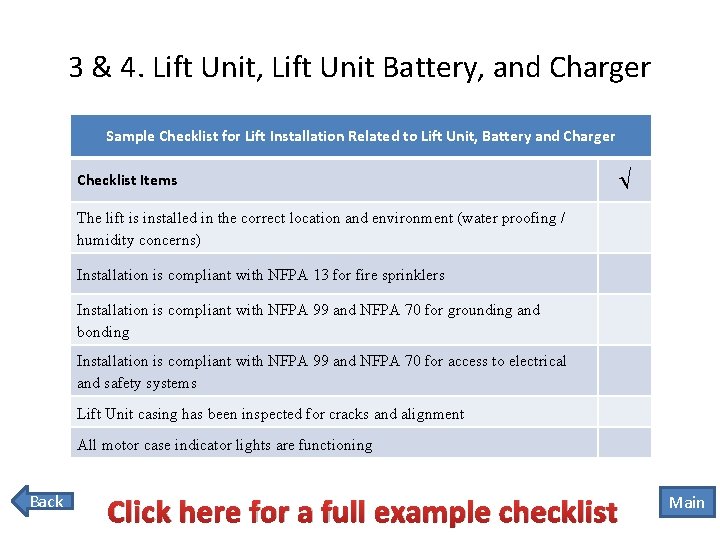 3 & 4. Lift Unit, Lift Unit Battery, and Charger Sample Checklist for Lift
