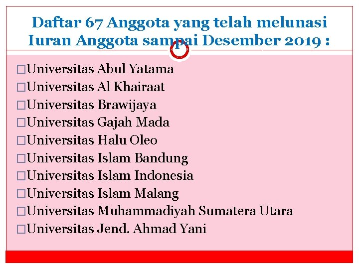 Daftar 67 Anggota yang telah melunasi Iuran Anggota sampai Desember 2019 : �Universitas Abul