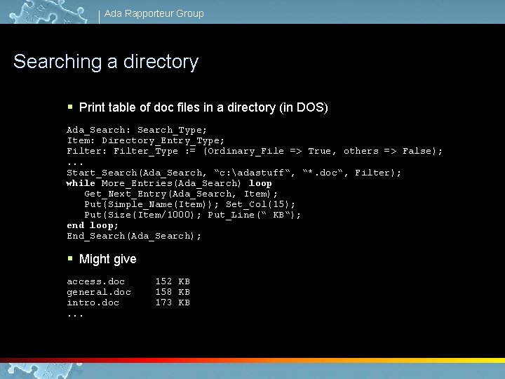 Ada Rapporteur Group Searching a directory § Print table of doc files in a