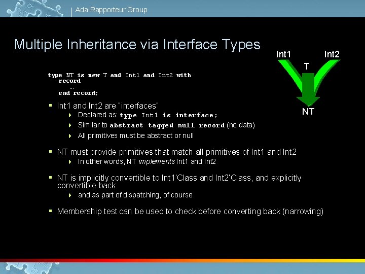 Ada Rapporteur Group Multiple Inheritance via Interface Types Int 1 Int 2 T type