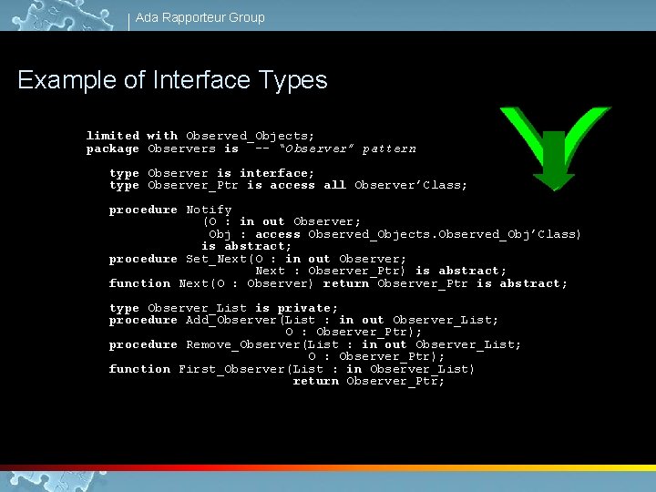 Ada Rapporteur Group Example of Interface Types limited with Observed_Objects; package Observers is --