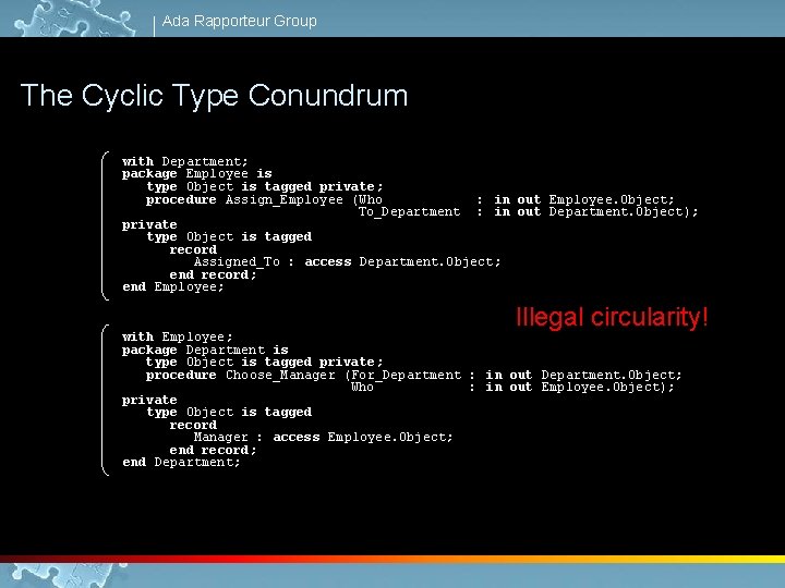 Ada Rapporteur Group The Cyclic Type Conundrum with Department; package Employee is type Object