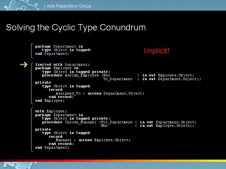 Ada Rapporteur Group Solving the Cyclic Type Conundrum package Department is type Object is