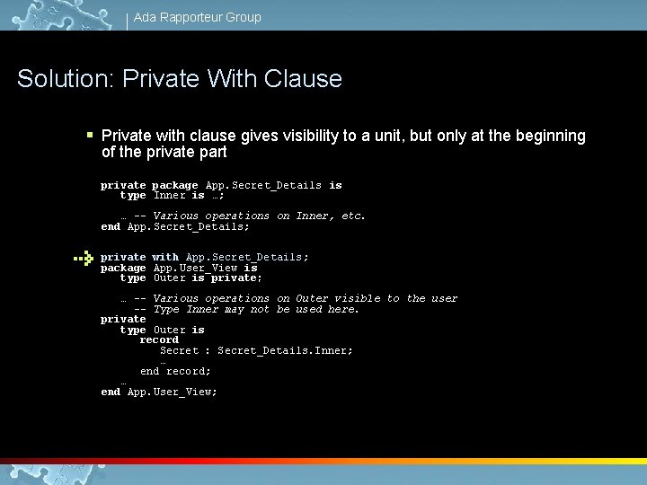 Ada Rapporteur Group Solution: Private With Clause § Private with clause gives visibility to