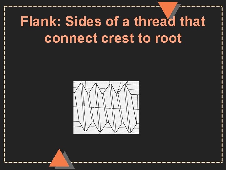 Flank: Sides of a thread that connect crest to root 