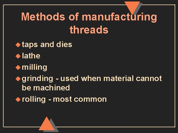 Methods of manufacturing threads u taps and dies u lathe u milling u grinding