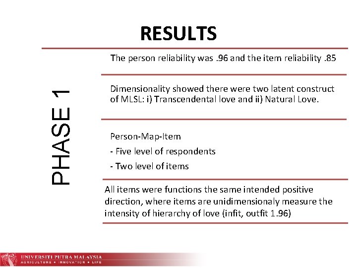 RESULTS PHASE 1 The person reliability was. 96 and the item reliability. 85 Dimensionality