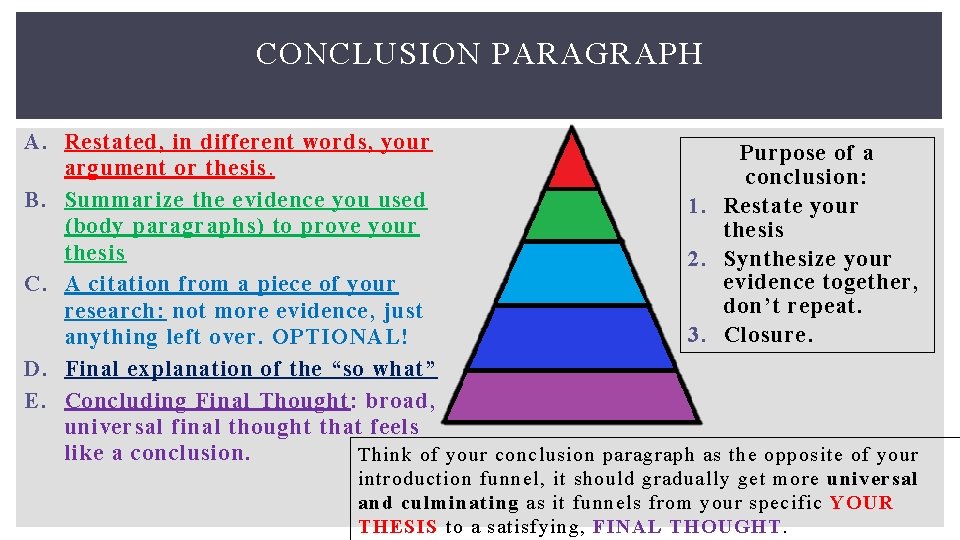 CONCLUSION PARAGRAPH A. Restated, in different words, your Purpose of a argument or thesis.