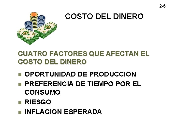 2 -6 COSTO DEL DINERO CUATRO FACTORES QUE AFECTAN EL COSTO DEL DINERO OPORTUNIDAD 2 -6 COSTO DEL DINERO CUATRO FACTORES QUE AFECTAN EL COSTO DEL DINERO OPORTUNIDAD