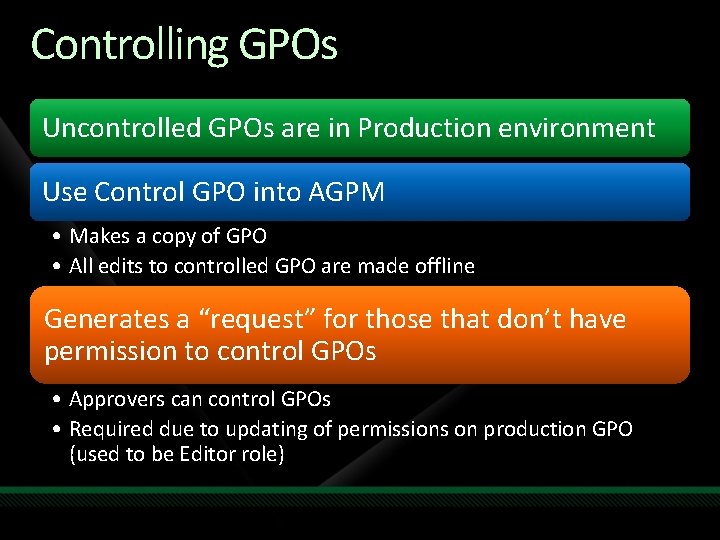 Controlling GPOs Uncontrolled GPOs are in Production environment Use Control GPO into AGPM •