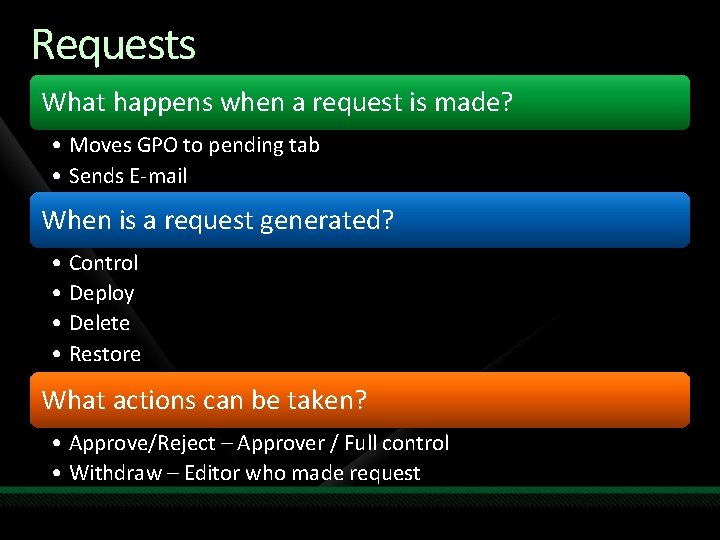 Requests What happens when a request is made? • Moves GPO to pending tab