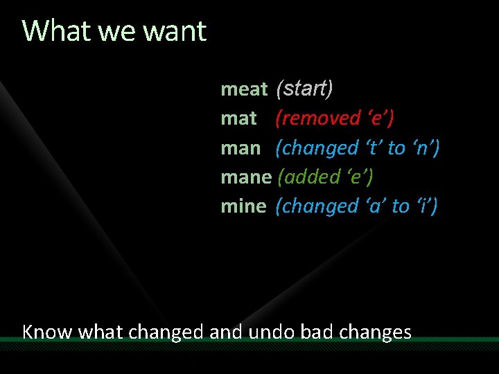 What we want meat (start) mat (removed ‘e’) man (changed ‘t’ to ‘n’) mane