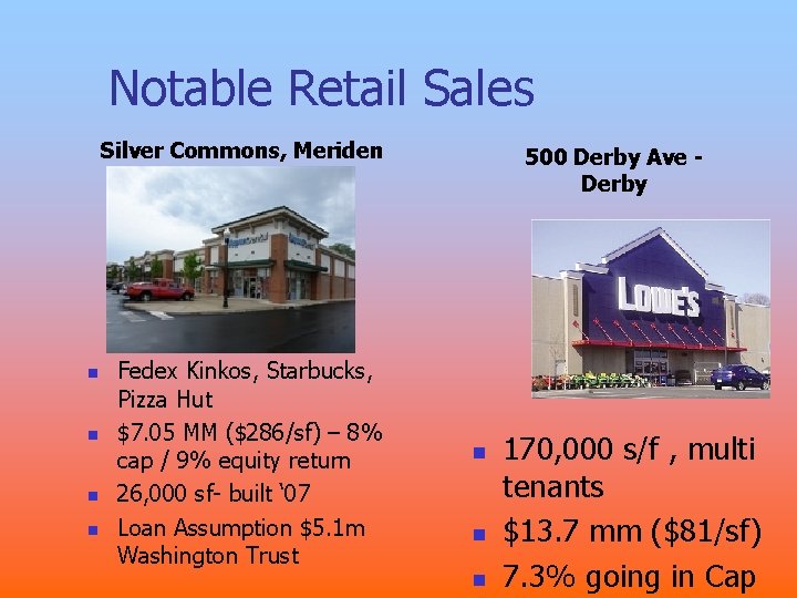 Notable Retail Sales Silver Commons, Meriden n n Fedex Kinkos, Starbucks, Pizza Hut $7. Notable Retail Sales Silver Commons, Meriden n n Fedex Kinkos, Starbucks, Pizza Hut $7.