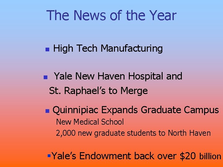 The News of the Year n n High Tech Manufacturing Yale New Haven Hospital The News of the Year n n High Tech Manufacturing Yale New Haven Hospital