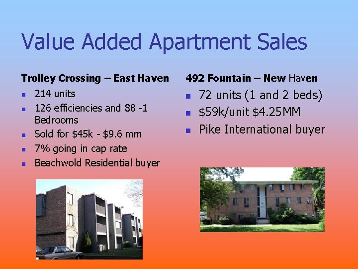 Value Added Apartment Sales Trolley Crossing – East Haven n n 214 units 126 Value Added Apartment Sales Trolley Crossing – East Haven n n 214 units 126