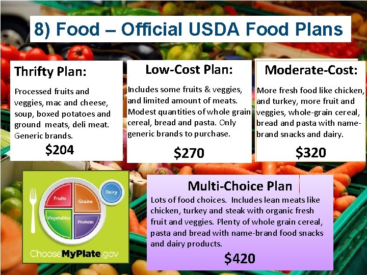 8) Food – Official USDA Food Plans Thrifty Plan: Processed fruits and veggies, mac