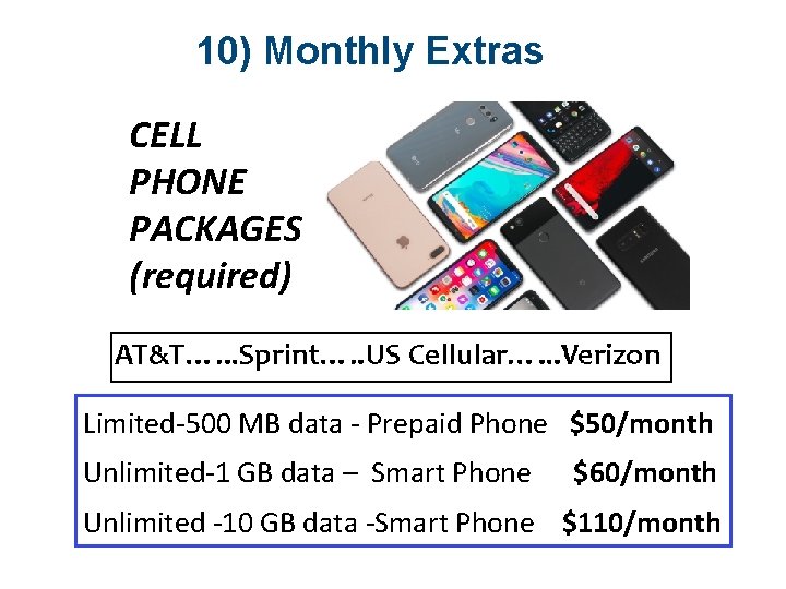 10) Monthly Extras CELL PHONE PACKAGES (required) Limited-500 MB data - Prepaid Phone $50/month