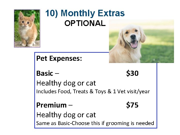 10) Monthly Extras OPTIONAL Pet Expenses: Basic – Healthy dog or cat $30 Premium