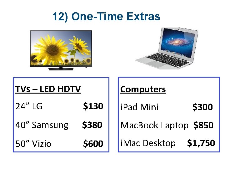 12) One-Time Extras TVs – LED HDTV Computers 24” LG i. Pad Mini $300