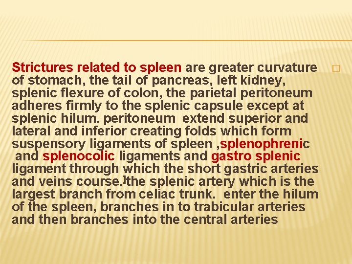 Strictures related to spleen are greater curvature of stomach, the tail of pancreas, left