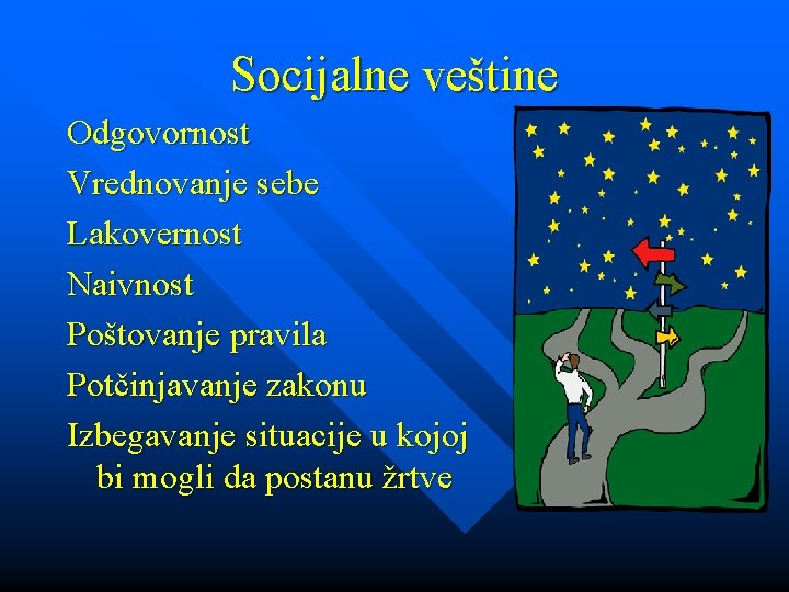 Socijalne veštine Odgovornost Vrednovanje sebe Lakovernost Naivnost Poštovanje pravila Potčinjavanje zakonu Izbegavanje situacije u