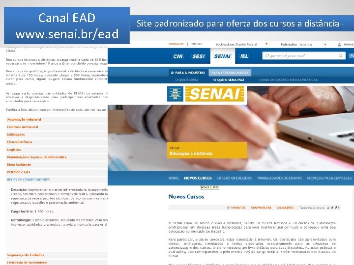 Canal EAD www. senai. br/ead Site padronizado para oferta dos cursos a distância 