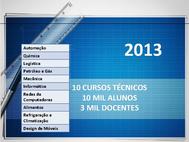 Automação Química Logística 2013 Petróleo e Gás Mecânica Informática Redes de Computadores Alimentos Refrigeração