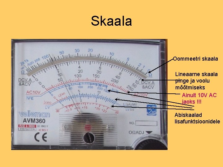 Skaala Oommeetri skaala Lineaarne skaala pinge ja voolu mõõtmiseks Ainult 10 V AC jaoks Skaala Oommeetri skaala Lineaarne skaala pinge ja voolu mõõtmiseks Ainult 10 V AC jaoks