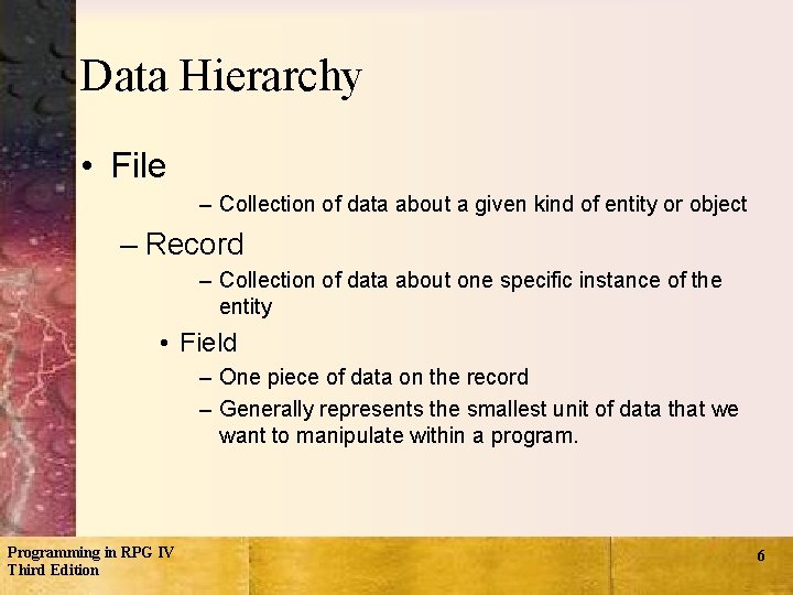 Data Hierarchy • File – Collection of data about a given kind of entity