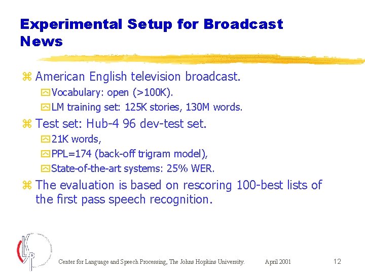 Experimental Setup for Broadcast News z American English television broadcast. y Vocabulary: open (>100