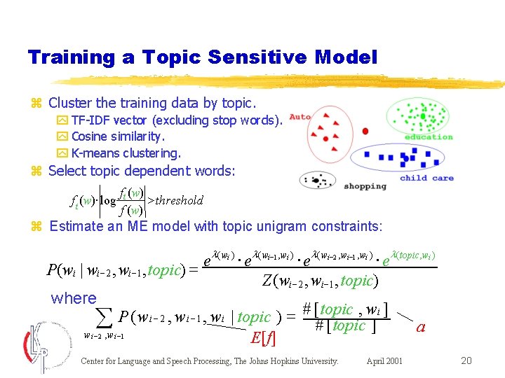 Training a Topic Sensitive Model z Cluster the training data by topic. y TF-IDF