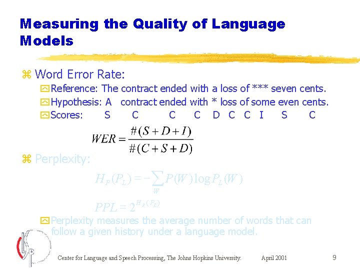 Measuring the Quality of Language Models z Word Error Rate: y Reference: The contract