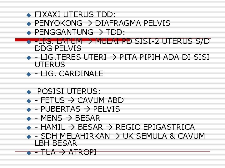 u u u u FIXAXI UTERUS TDD: PENYOKONG DIAFRAGMA PELVIS PENGGANTUNG TDD: -LIG. LATUM