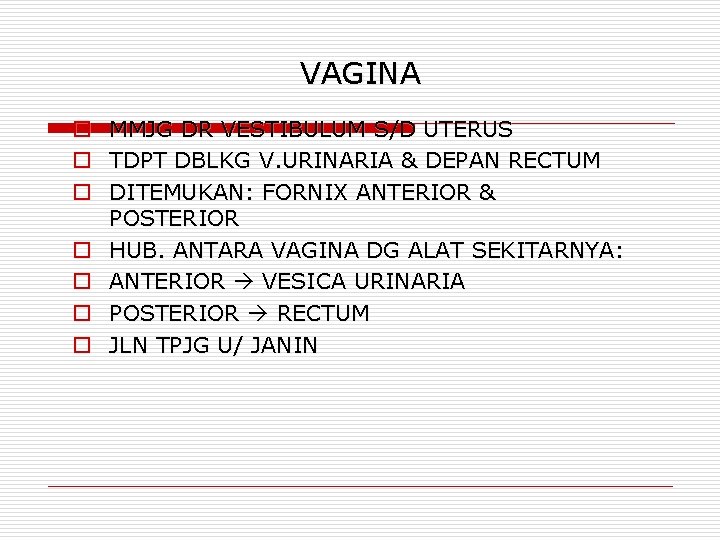 VAGINA o MMJG DR VESTIBULUM S/D UTERUS o TDPT DBLKG V. URINARIA & DEPAN