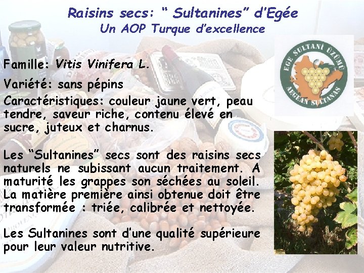 Raisins secs: “ Sultanines” d’Egée Un AOP Turque d’excellence Famille: Vitis Vinifera L. Variété: