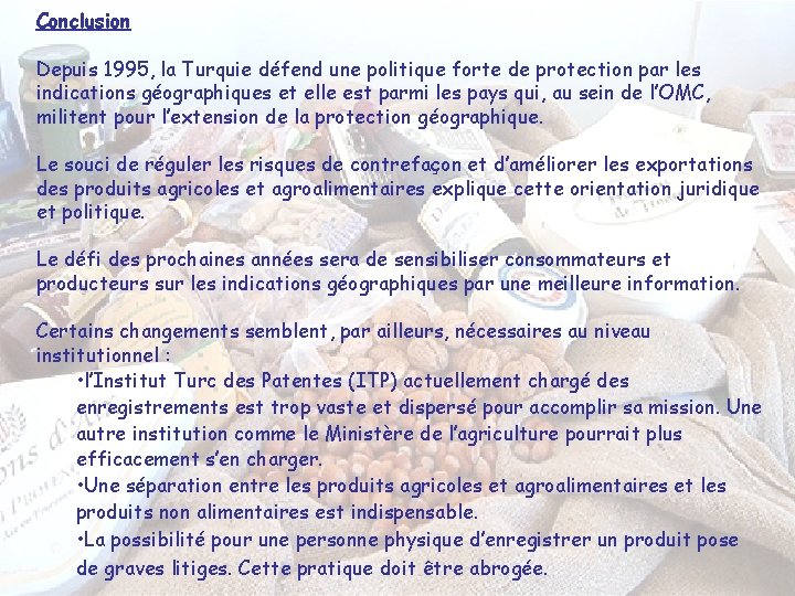 Conclusion Depuis 1995, la Turquie défend une politique forte de protection par les indications