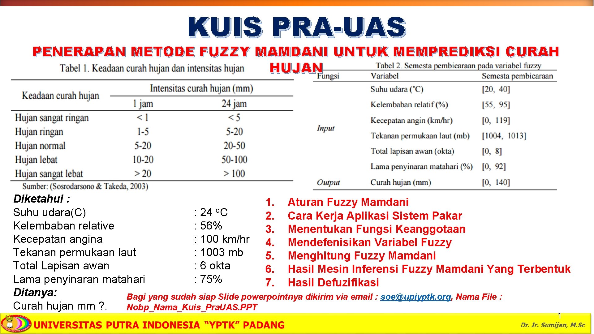 KUIS PRA-UAS PENERAPAN METODE FUZZY MAMDANI UNTUK MEMPREDIKSI CURAH HUJAN Diketahui : 1. Aturan
