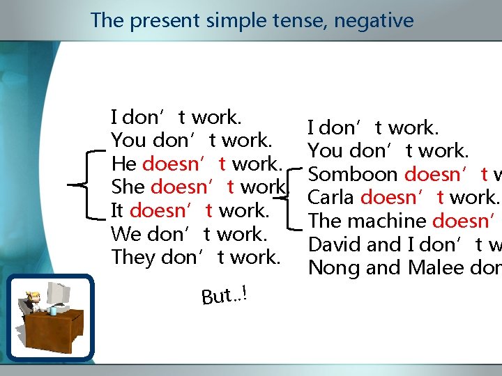 The present simple tense, negative I don’t work. You don’t work. He doesn’t work.
