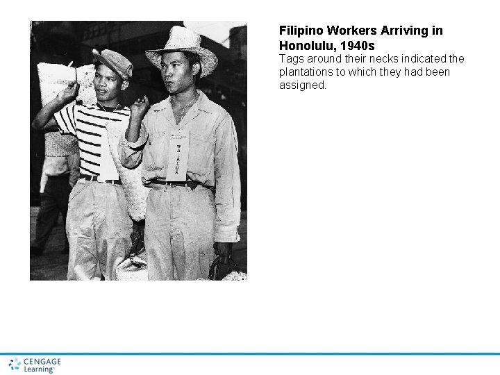 Filipino Workers Arriving in Honolulu, 1940 s Tags around their necks indicated the plantations