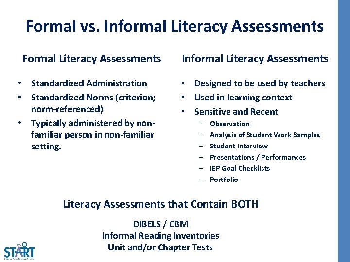 Formal vs. Informal Literacy Assessments Formal Literacy Assessments • Standardized Administration • Standardized Norms