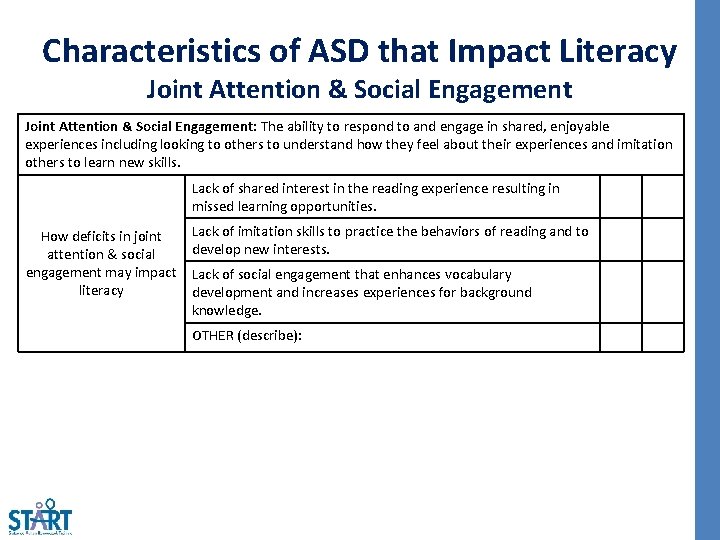Characteristics of ASD that Impact Literacy Joint Attention & Social Engagement: The ability to