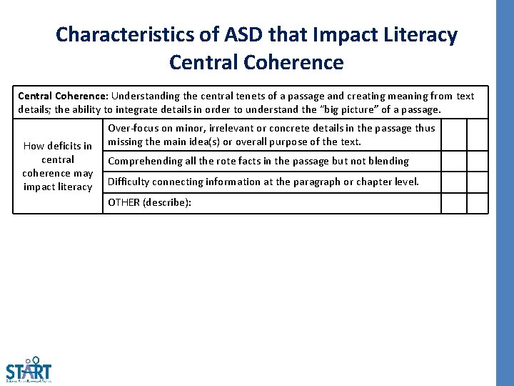Characteristics of ASD that Impact Literacy Central Coherence: Understanding the central tenets of a